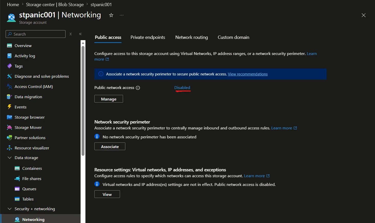 Storage account public network access disabled