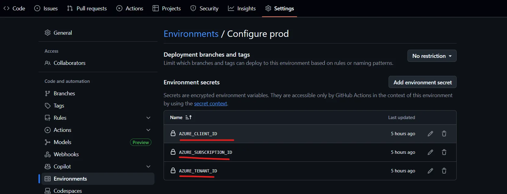 GitHub create environment secrets