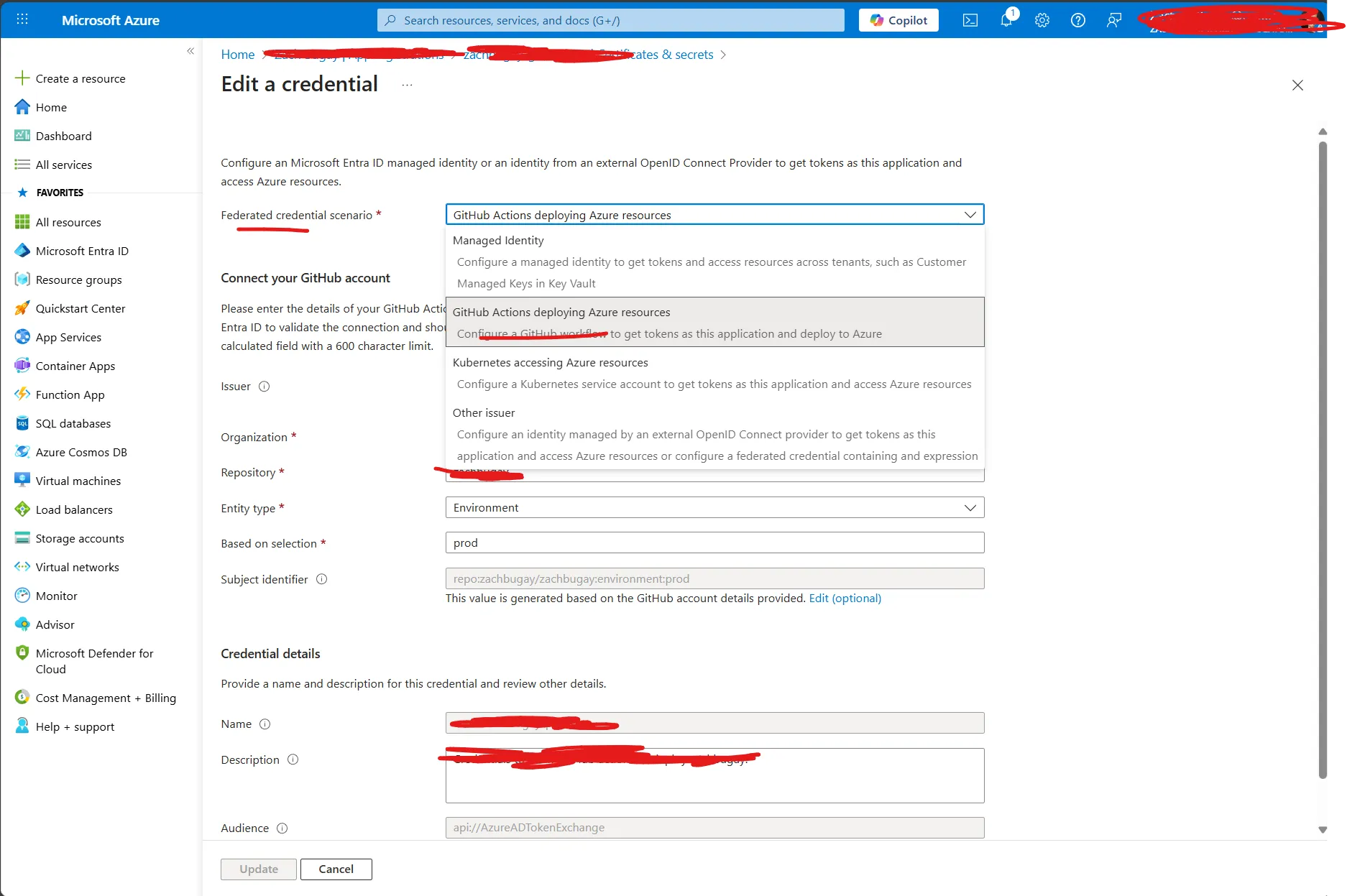 Create federated credential options on Microsoft Azure Entra ID.