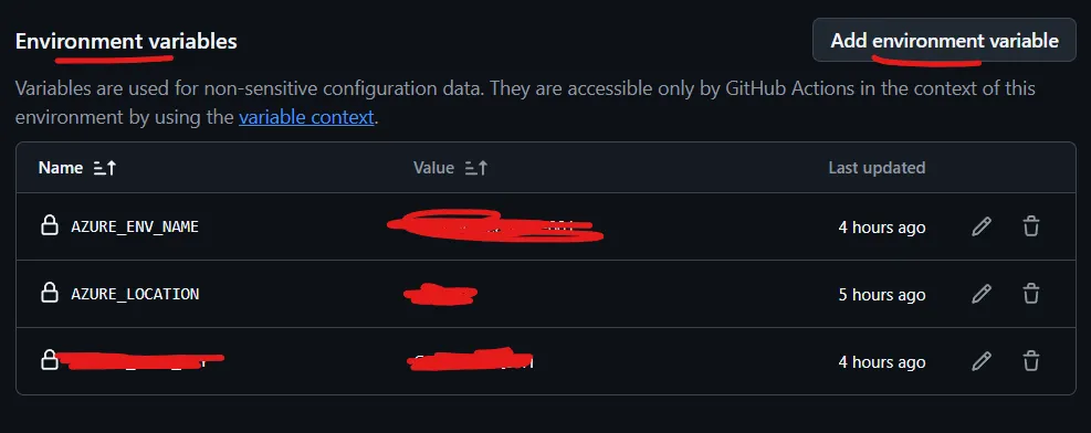GitHub create environment variables