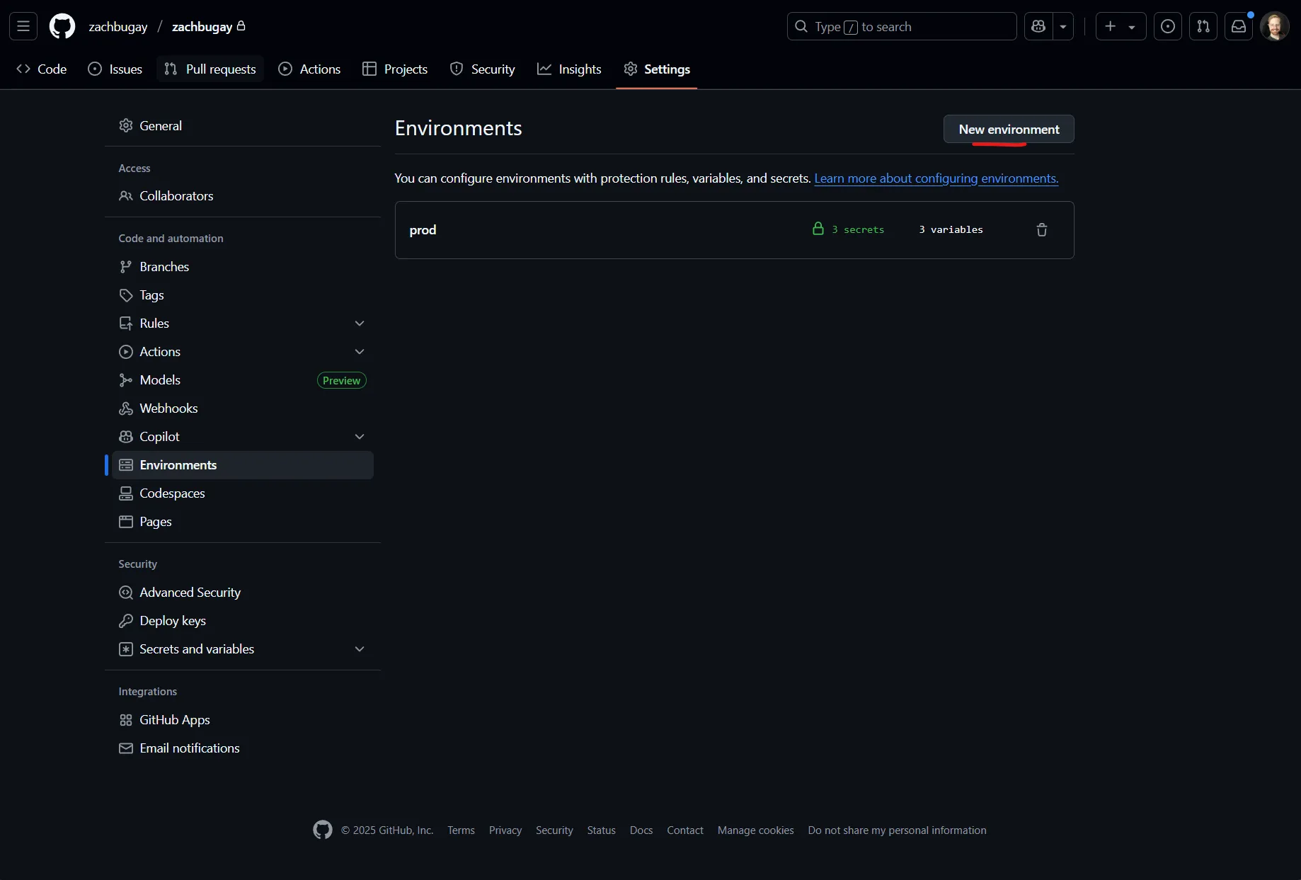 GitHub create environment